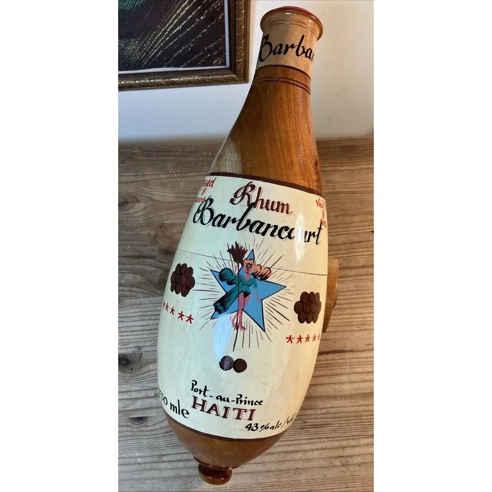 VTG Haitian Folk Art Wooden Bottle Keeper Holder Painted Barbancourt Rhum Cannon
